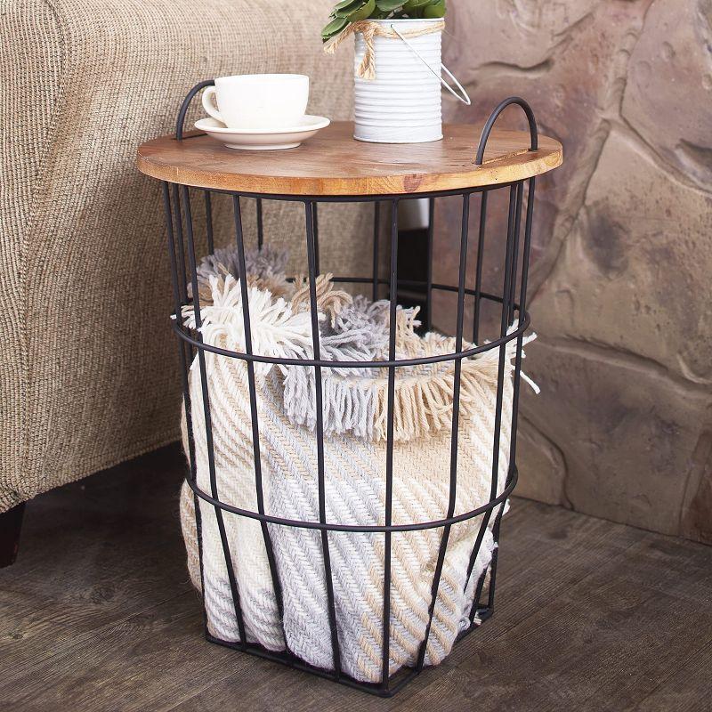 The Lakeside Collection Metal Storage Basket Side Table with Carrying Handles and Wooden Lid