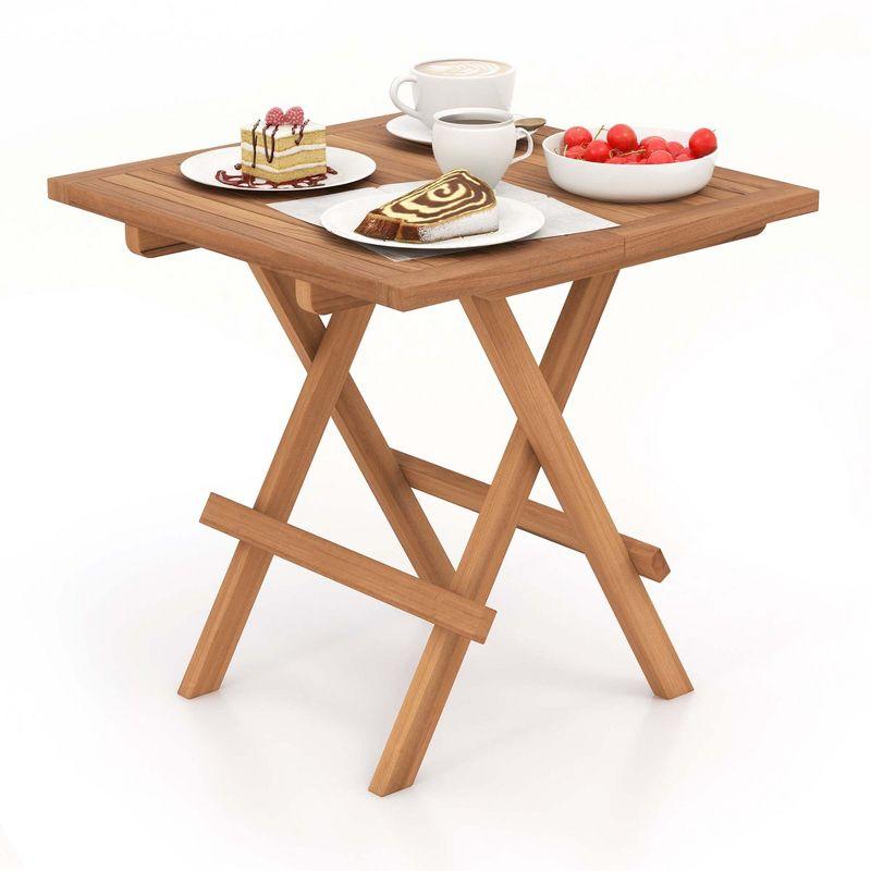 Costway Patio Folding Side Table Indonesia Teak Wood Square Slatted Tabletop Portable Picnic