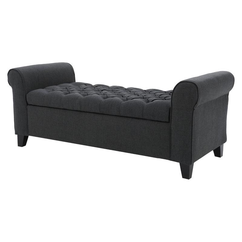 Dark Gray Tufted Fabric Storage Bench with Arms