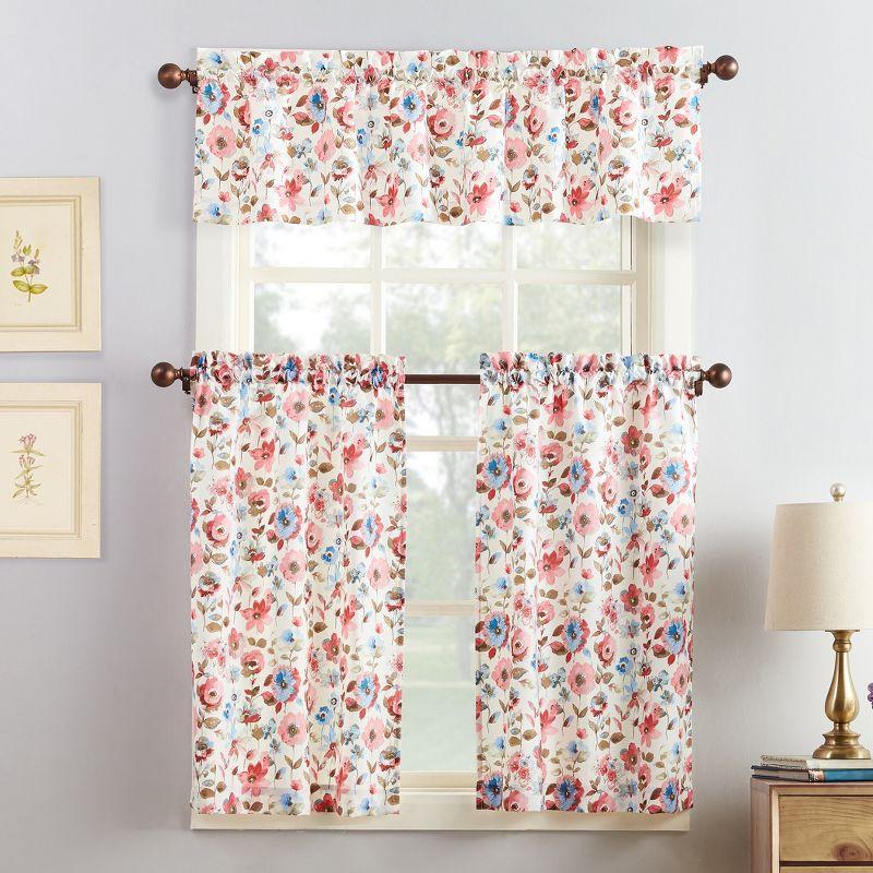 54"x36" No. 918 Sheer Dora Floral Rod Pocket Kitchen Curtain Panel Set Coral: Light Filtering, Polyester, Indoor Use