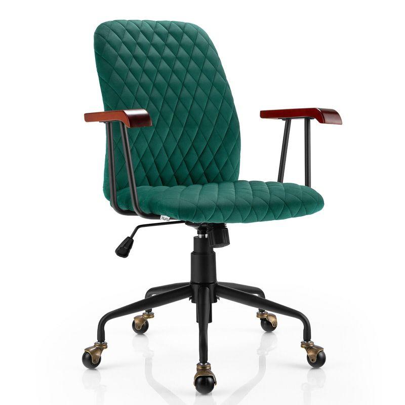 Green Velvet Adjustable Swivel Task Chair with Wooden Armrests