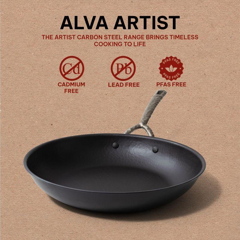 Alva Artist Nonstick Carbon Steel Frying Pan Skillet Pre-Seasoned Non Toxic Cookware Stay Cool Handle PFAS, PFOA & PFTE Free, Pre-Seasoned w/ Natural Mineral Oil, Add to Your Pots and Pans Set