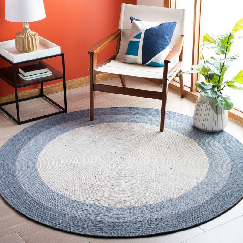 Ivory and Blue Round Braided Wool Area Rug, 6'