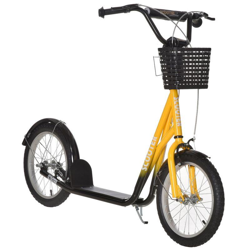 Aosom Youth Scooter, Kick Scooter with Adjustable Handlebars, Double Brakes, 16" Inflatable Rubber Tires, Basket, Cupholder, Orange