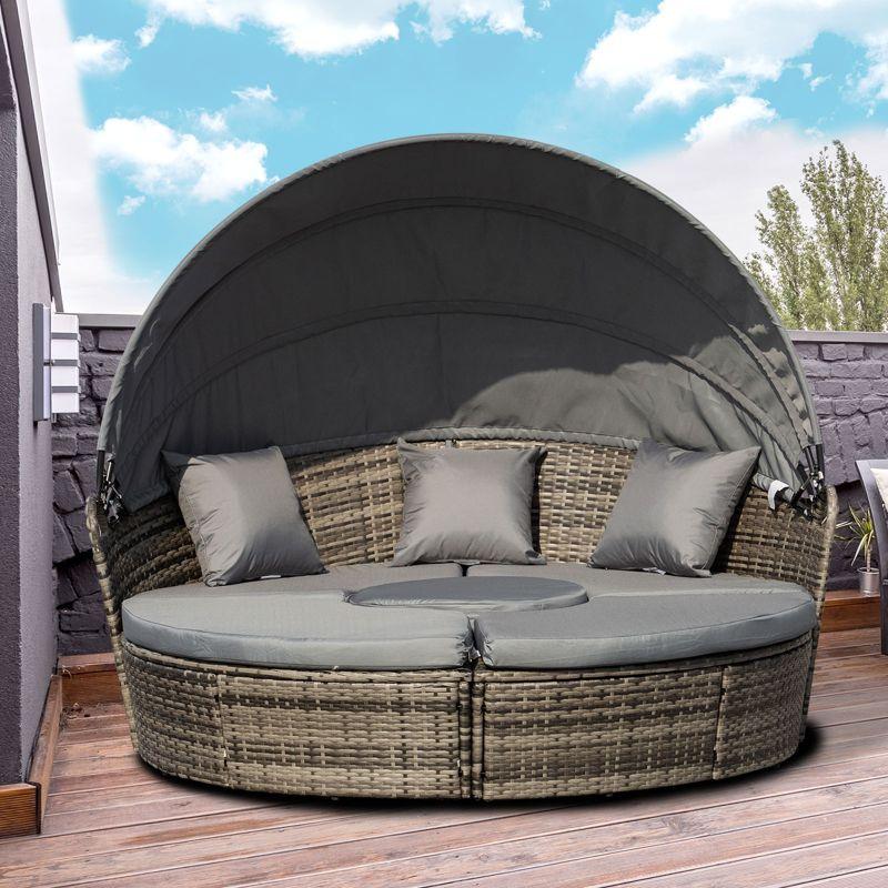 Outsunny Round Daybed, 4-piece Cushioned Outdoor Rattan Wicker Sunbed or Conversational Sofa Set with Sun Canopy, Dark Gray