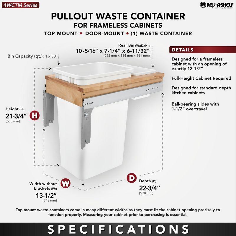 Rev-A-Shelf Single Pullout Trash Can for Full Height Kitchen Cabinet 50 Quart 12.5 Gallon, Top Mount 13.5 Inch Wide, White, 4WCTM-1550DM1-343-FL