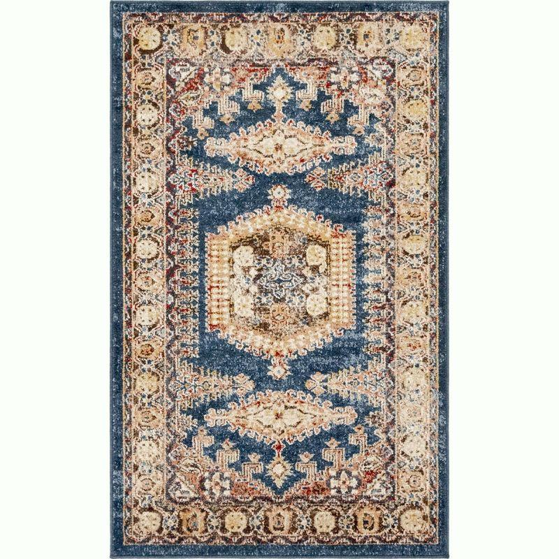 Navy Blue and Brown Abstract Synthetic Area Rug