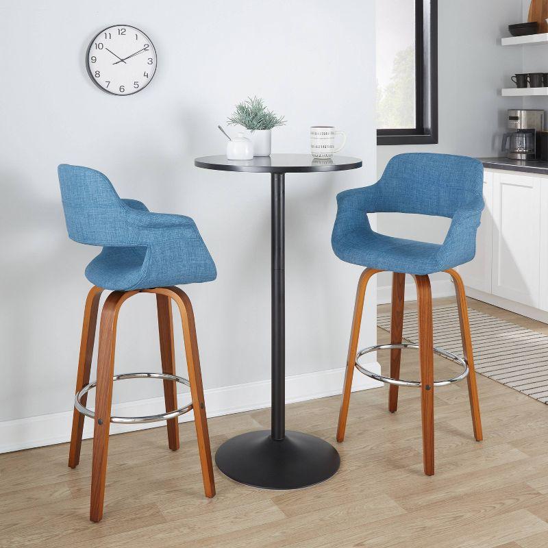 LumiSource Set of 2 Vintage Flair Barstools Walnut/Chrome/Blue:: Swivel, Upholstered, Fixed Height