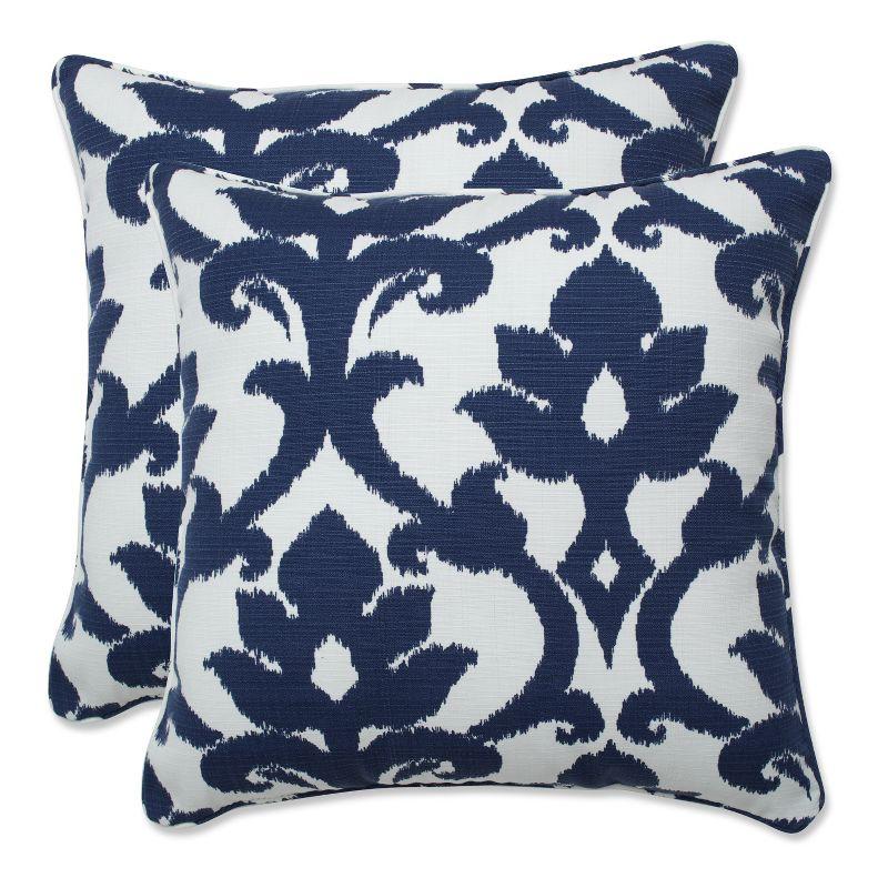 Navy and White Ikat Damask Outdoor Throw Pillow Set