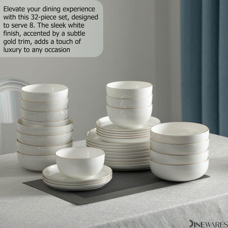 Dinewares White with Gold Rim Bone China Dinnerware Set - Service for 8, Includes Dinner Plates, Salad Plates, and Cereal or Soup Bowls