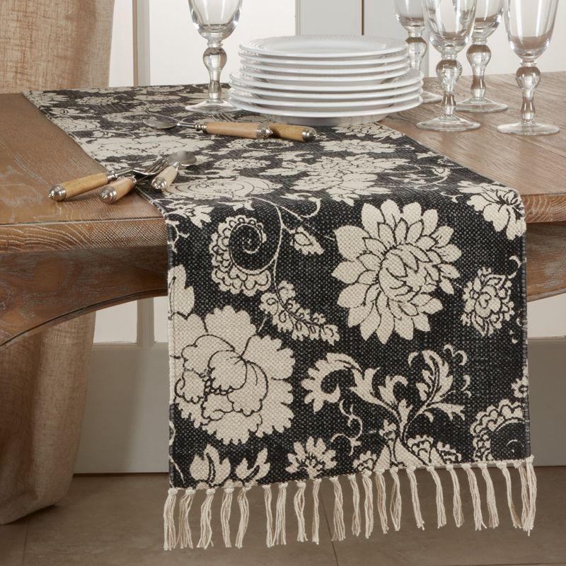 Saro Lifestyle Floral Table Runner With Fringed Design, 16"x72", Black