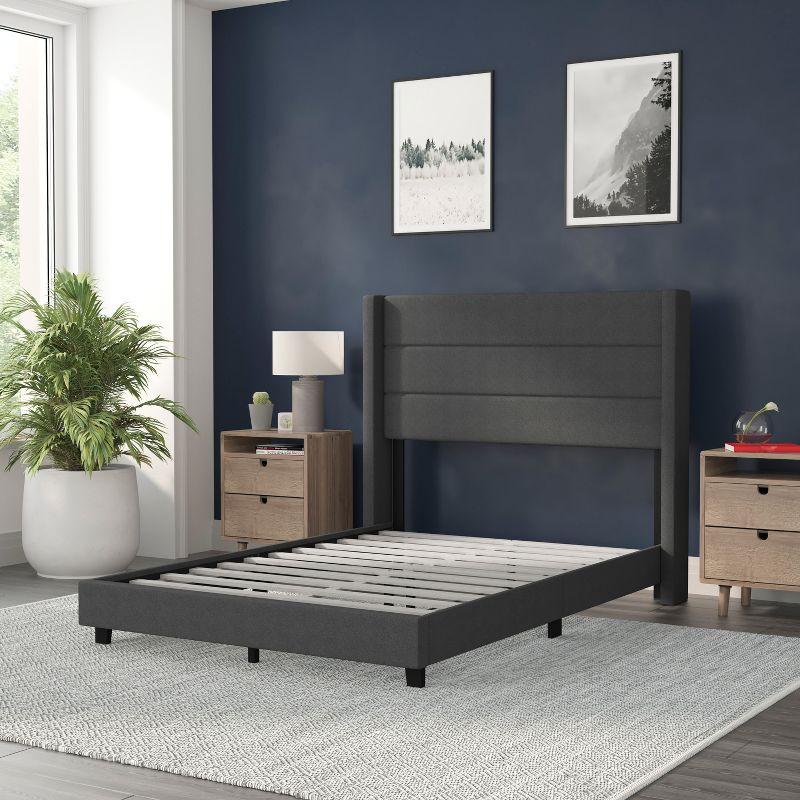 Flash Furniture Hollis Upholstered Platform Bed with Wingback Headboard, Mattress Foundation with Slatted Supports, No Box Spring Needed