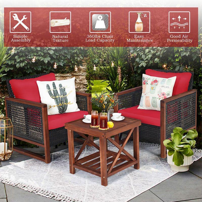 Costway 3PCS Patio Wicker Furniture Set Solid Wood Frame Cushion Sofa w/ Square Table Shelf Red