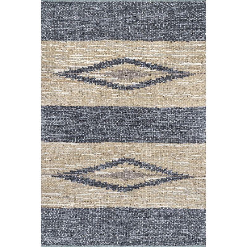 Handmade Gray Geometric Leather and Cotton Runner Rug