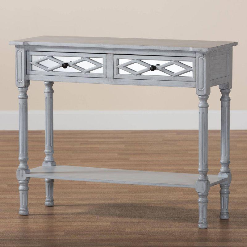 Baxton Studio Gellert Wood 2 Drawer Console Table Gray/Mirror: Traditional Design, Carved Detailing, Storage Shelf