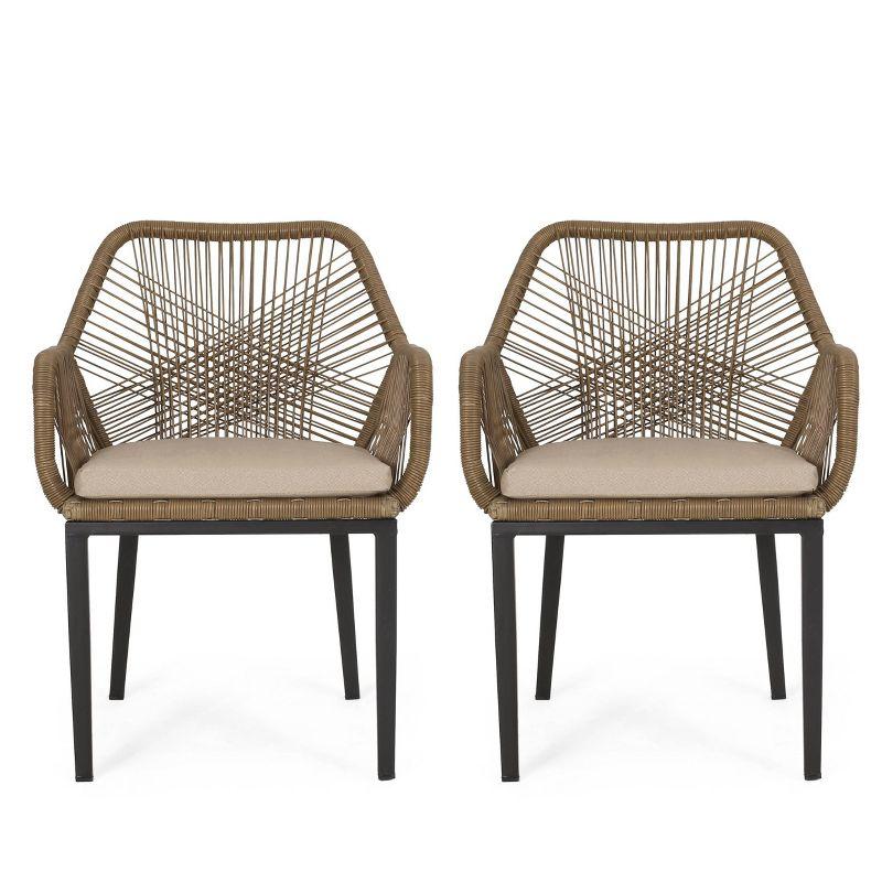 2pk Russel Outdoor Wicker Dining Chairs with Cushions Light Brown/Beige - Christopher Knight Home: Weather-Resistant Iron Frame