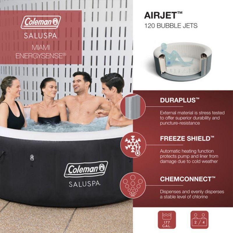 Bestway Coleman Miami AirJet Large Round 2 to 4 Person Inflatable Hot Tub Portable Outdoor Spa with 120 AirJets and EnergySense Cover, Black