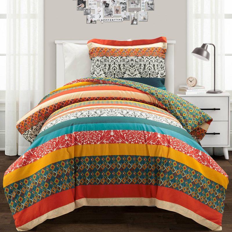 King Turquoise and Tangerine Cotton Boho Stripe Reversible Duvet Cover Set