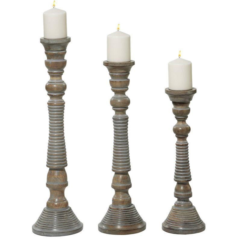 Mango Wood Handmade Decorative Light Gray Candle Holder Set (Set of 3)