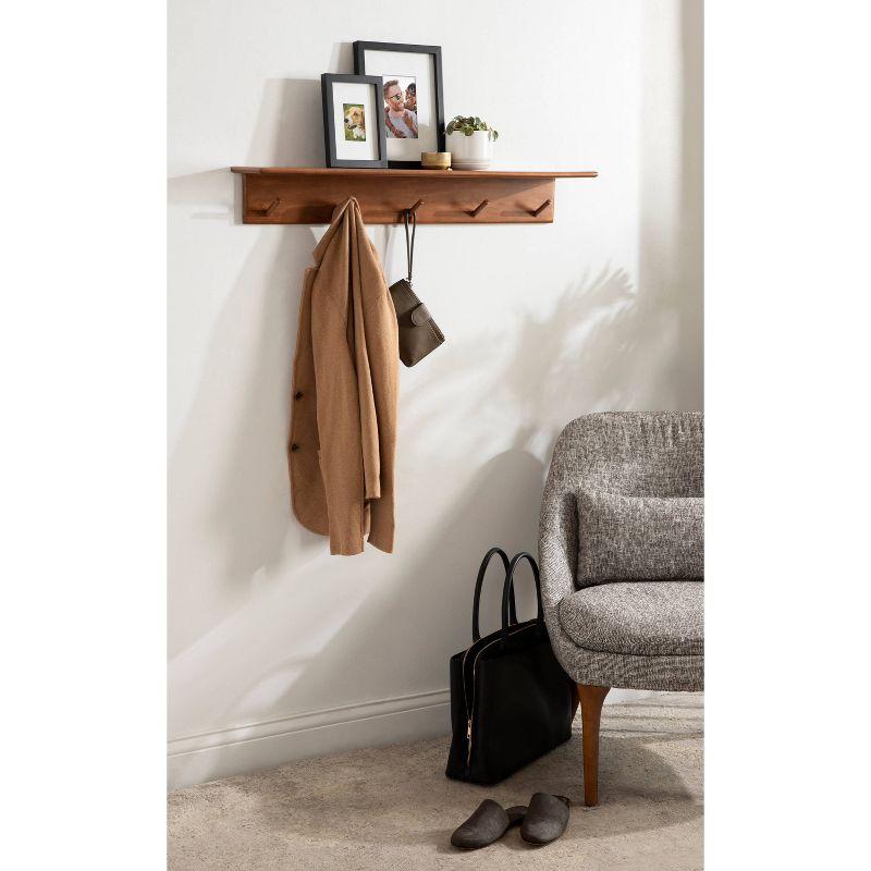 Walnut Brown 36" Floating Wood Shelf with Hooks