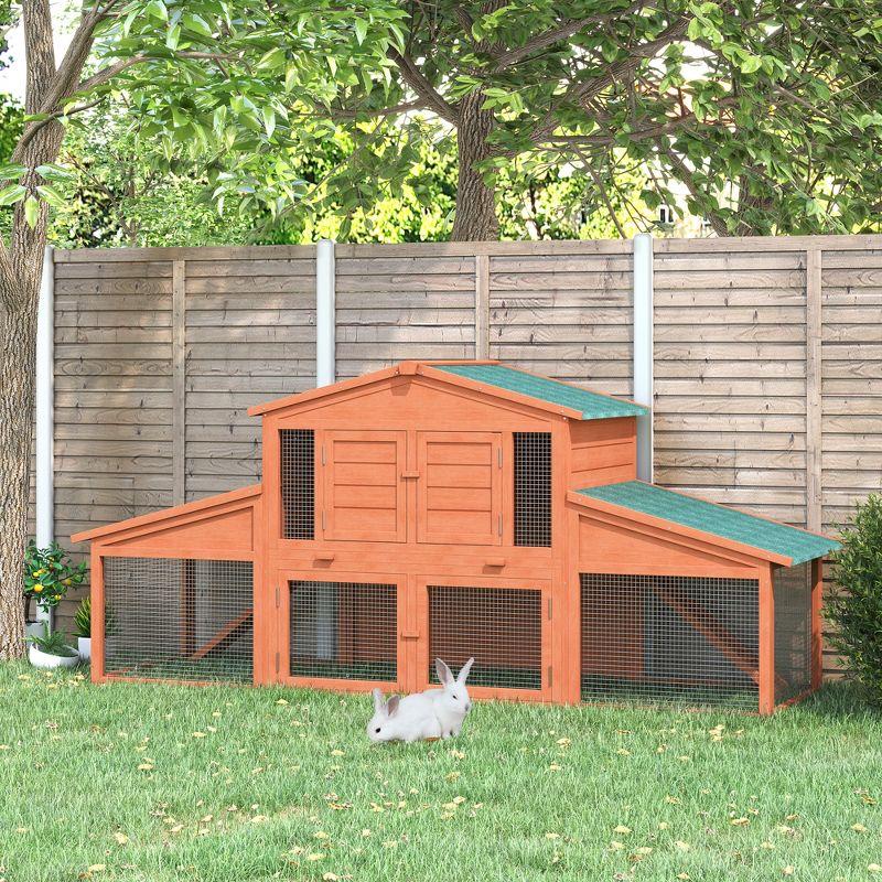 PawHut 88.5" Wooden Rabbit Hutch Bunny Hutch Guinea Pig House with Removable Tray, Double Ramp and Weatherproof Asphalt Roof for Outdoor