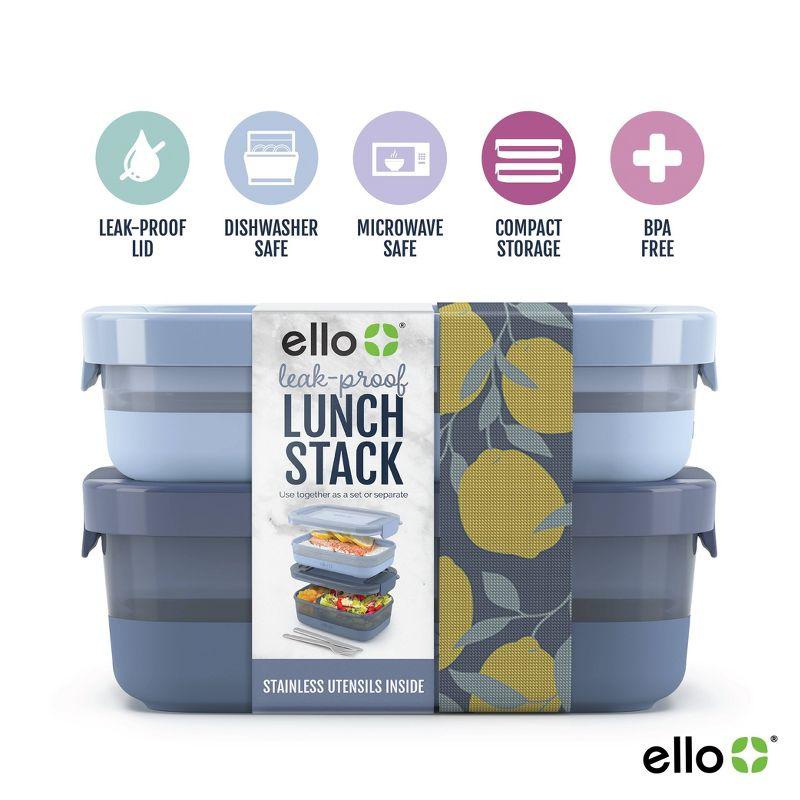 Ello 2pk Plastic Lunch Stack Food Storage Container Blue: Freezer, Dishwasher & Microwave Safe, Includes Utensils & Strap