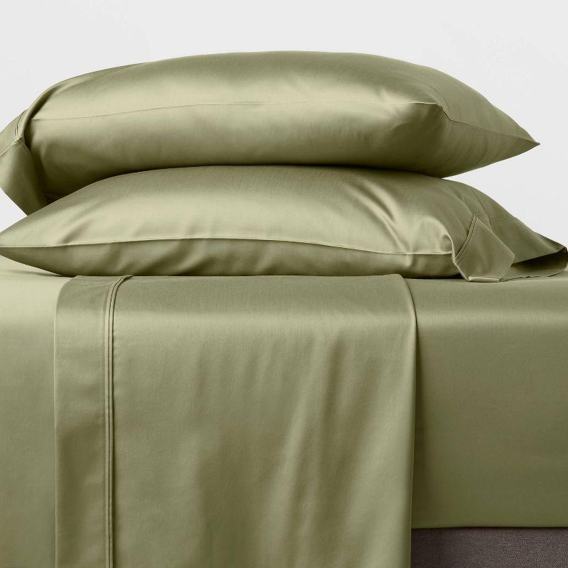 Queen Solid Performance 400 Thread Count Sheet Set Green - Threshold™: Cotton Sateen, Wrinkle-Resistant, Fits 18" Mattress