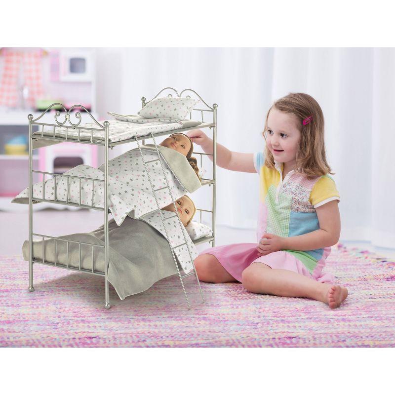 Badger Basket Scrollwork Triple Doll Bunk Bed with Ladder and Bedding