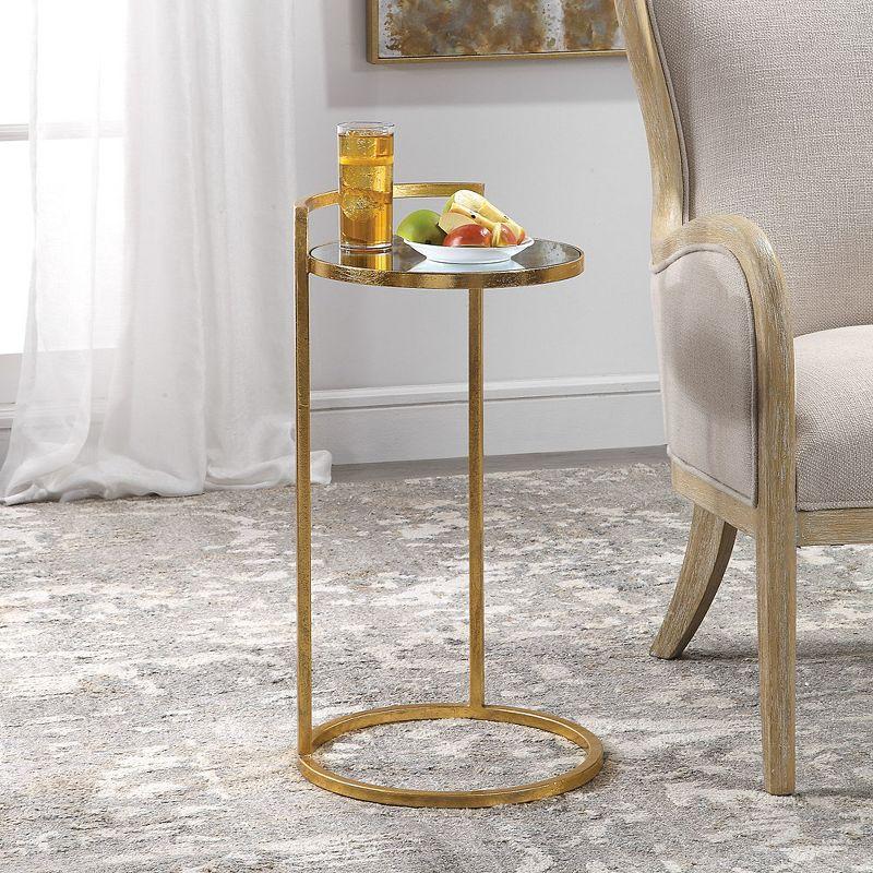 Gold Mirrored Round Metal and Wood Accent Table