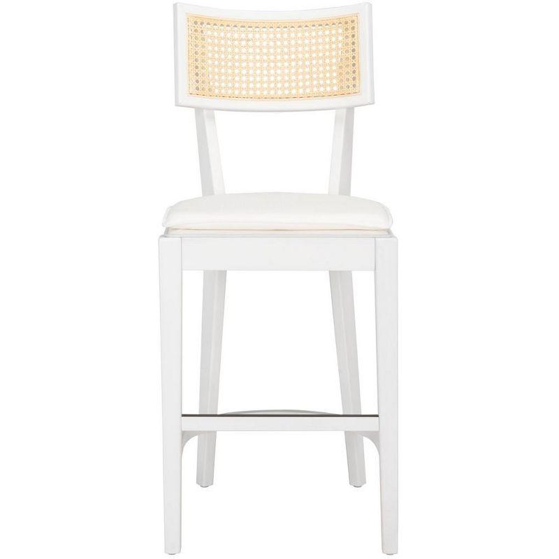 White and Natural Wood Cane Counter Stool with Cushion