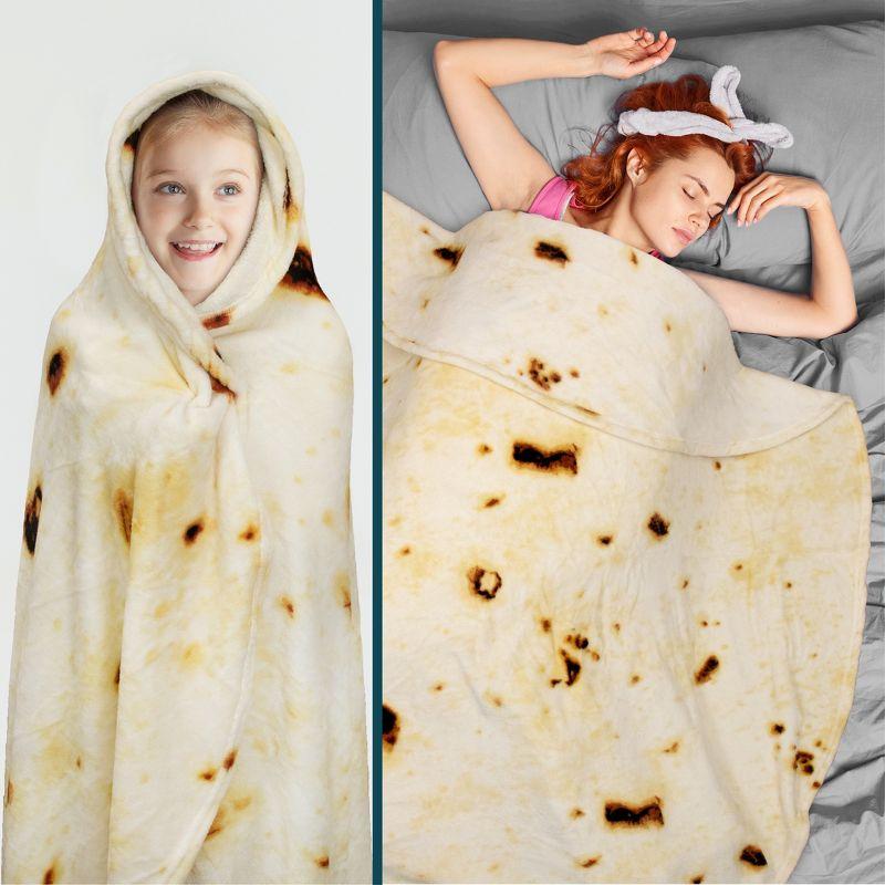 PAVILIA Burritos Tortilla Blanket, Double Sided Realistic Taco Wrap Adult Size, Funny Weird Cool Cute Fun Gag Gifts