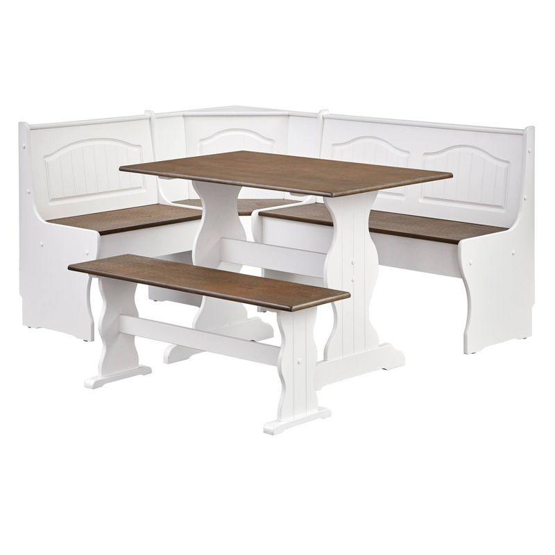 Buylateral 3pc Washington Farmhouse Solid Wood Breakfast Nook Dining Set White/Dark Walnut: L-Shaped, Solid Pine, Storage Bench