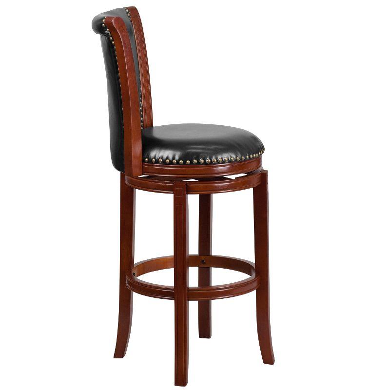 30" Dark Chestnut Wood and Black Leather Swivel Bar Stool