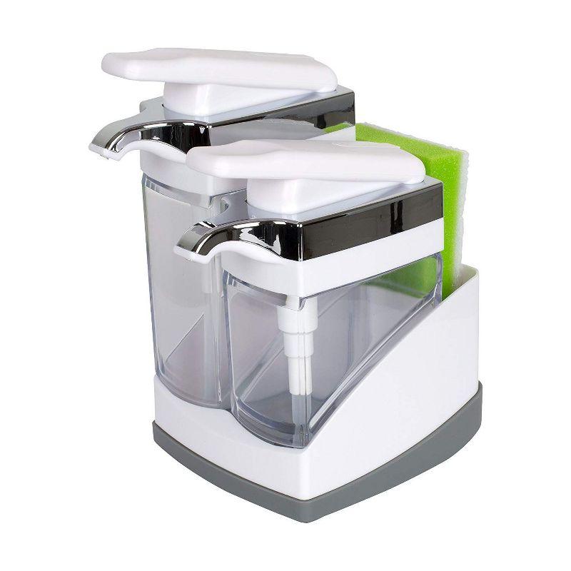 Casabella Sink Sider Duo Soap Dispensers with Sponge, for Dish & Hand Soap, Chrome Plating, White