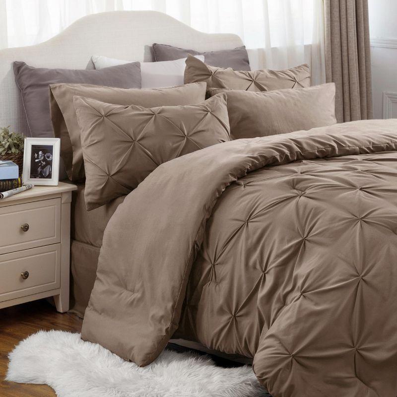 Solid Diamond Pintuck 7pcs California King Brown Bedding Set Comforter Set - Bedsure