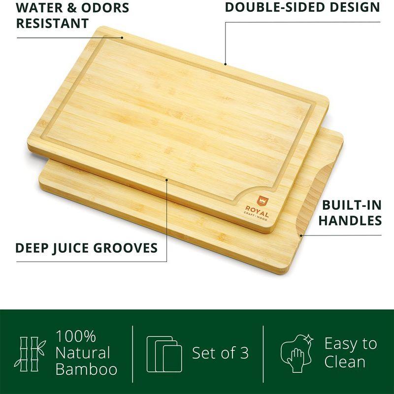 Bamboo Cutting Board Set of 3 with Side Trays - Wood Cutting Boards For Kitchen for Meat, Cheese, Fruits & Vegetables by Royal Craft Wood