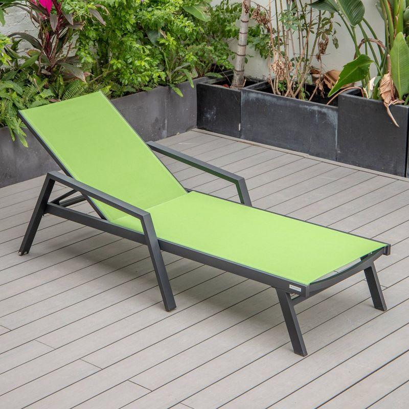 LeisureMod Marlin Patio Sling Chaise Lounge Chair With Arms in Black Aluminum