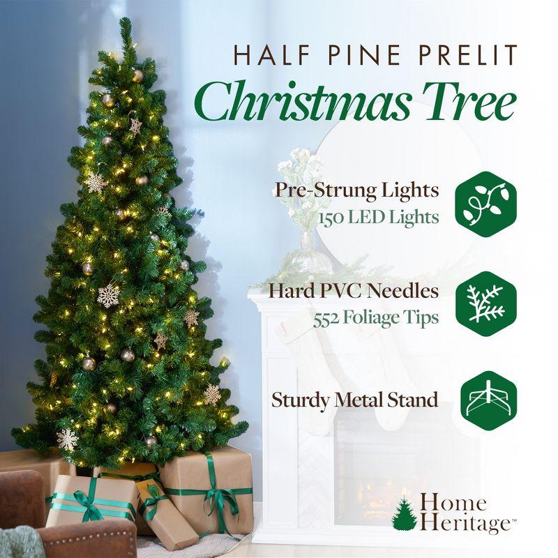 Home Heritage Artificial Half Christmas Tree Prelit with White LED Lights, PVC Foliage Tips, Metal Stand, Green