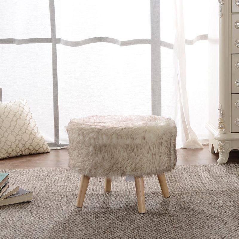 17" Beige Faux Fur Round Ottoman with Wooden Legs