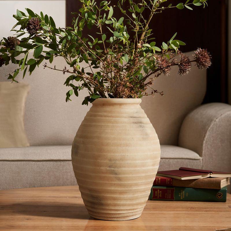 LuxenHome Rustic Brown Ribbed Terracotta 13.2-Inch Tall Urn Vase Beige