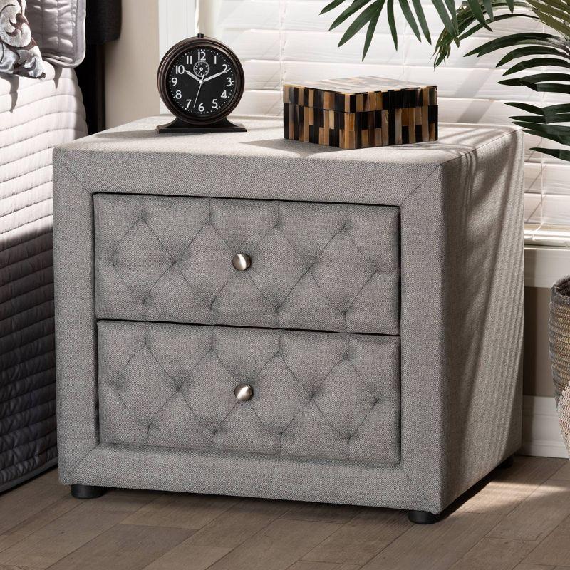 Lepine Gray Tufted 2-Drawer Wood Nightstand with Silver Knobs