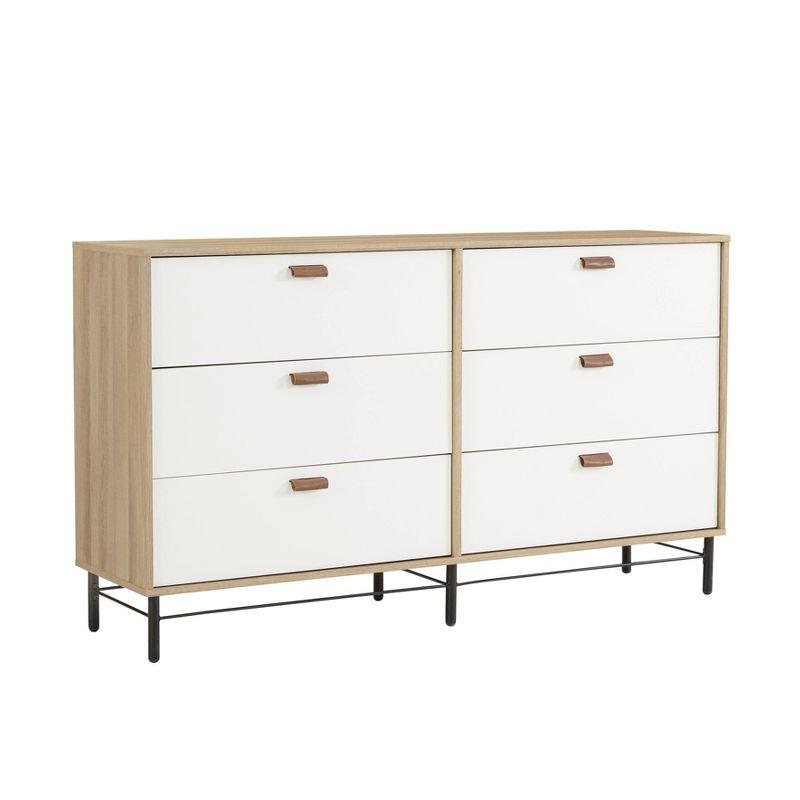 Sky Oak and White 6-Drawer Double Dresser with Leather Pulls