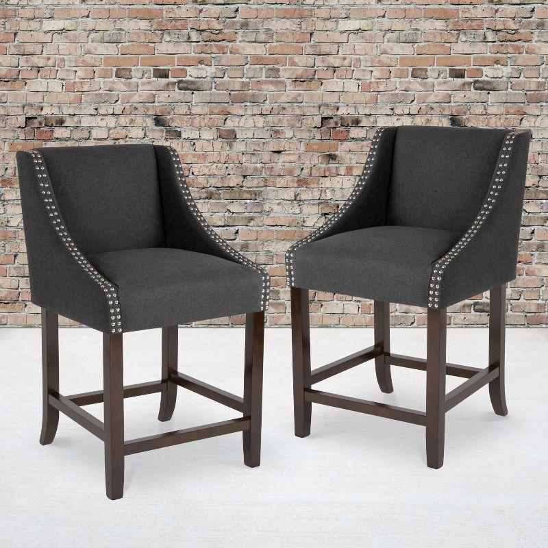 Flash Furniture Carmel Series 24" High Transitional Walnut Counter Height Stool with Nail Trim in Charcoal Fabric, Set of 2