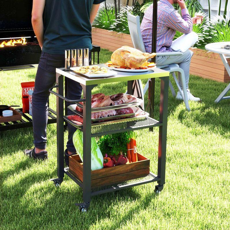 Outdoor Grill Cart Table with Foldable Side Table, Stainless Steel Tabletop, 37.8" x 18.1" Pizza Oven Table with Storage & Towel Rack, Hooks, Movable Food Prep Table on Wheels