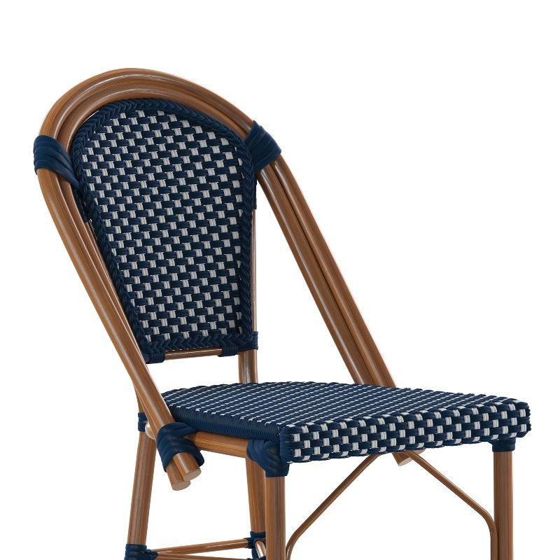 Emma & Oliver Soie Set of Two Stacking Bistro Chairs with Navy and White PE Seat and Back and Bamboo Finished Aluminum Frame for Indoor/Outdoor Use