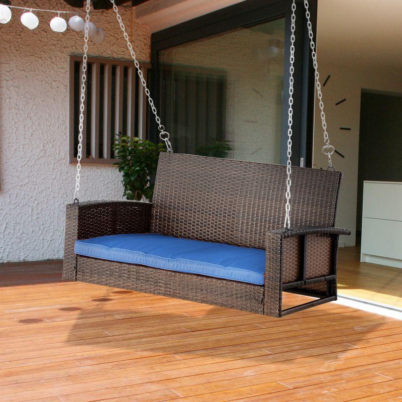 Blue Cushioned Wicker Hanging Porch Swing Bench