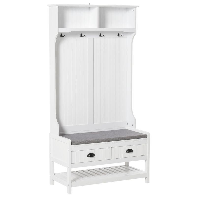 HOMCOM Coat Rack and Bench Hall Tree Organizer with 4 Hooks, 2 Drawers with Padded Seat Cushions for Entryway, White