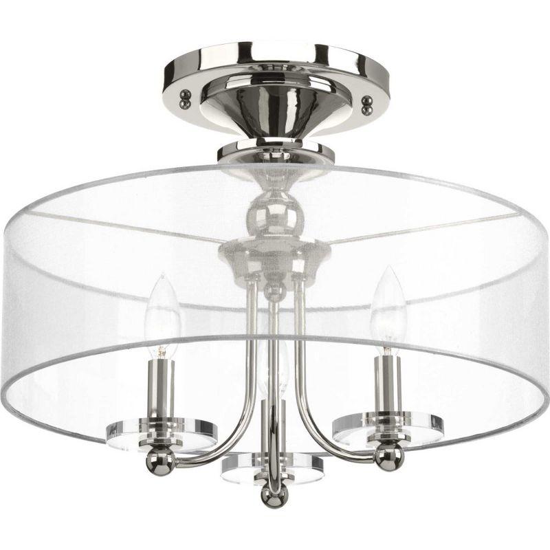 Progress Lighting Marche 3-Light Semi-Flush Convertible Fixture, Polished Nickel, Sheer Silver Organza Shade