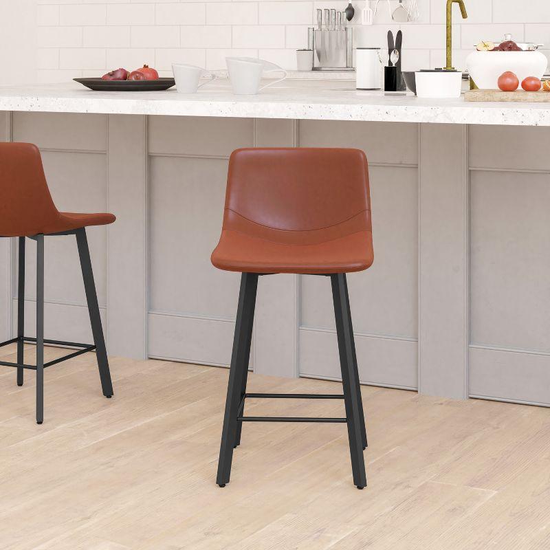 Cognac Faux Leather and Matte Black Metal Counter Stools, Set of 2