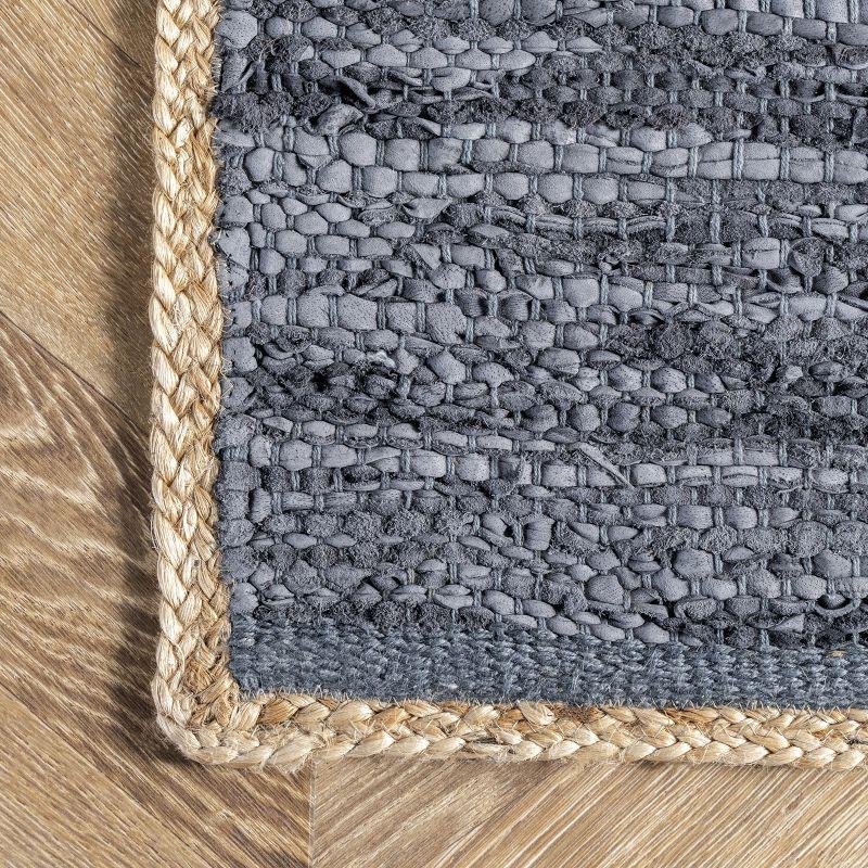 Handwoven Coastal Hemp & Leather 3' x 5' Blue Area Rug